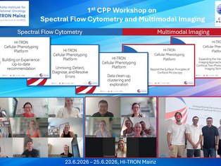 Collage from the 1st CPP Workshop on Spectral Flow Cytometry and Multimodal Imaging at HI-TRON Mainz, documenting the hybrid workshop with online participants and the on-site speakers. The workshop covered spectral flow cytometry and multimodal imaging; further details are provided in the accompanying post.
