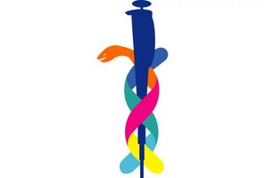A stylized logo depicting a blue syringe entwined by a multicolored ribbon-like snake, combining medical and scientific symbolism on a light background.