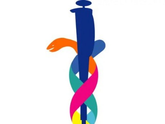 A stylized logo depicting a blue syringe entwined by a multicolored ribbon-like snake, combining medical and scientific symbolism on a light background.