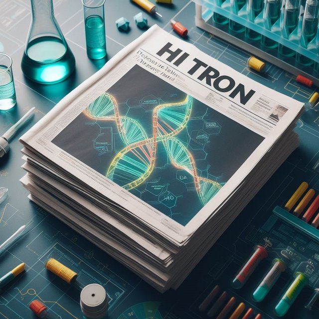 Stack of newspapers featuring a glowing DNA illustration on the front page, surrounded by lab equipment and test tubes. Headline says HI-TRON