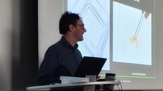 Markus Elsner stands at a lectern giving a scientific presentation, with a projected slide on cellular imaging in the background.