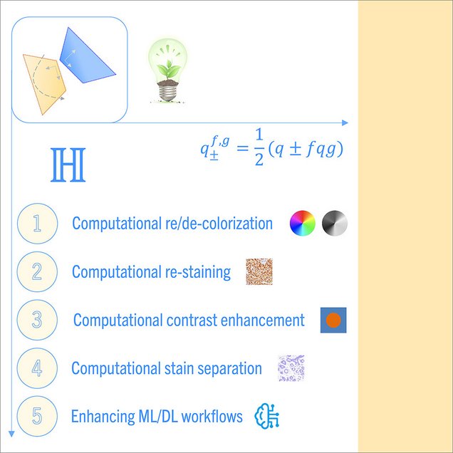 Diagram illustrating computational histology image processing, including re/de-colorization, re-staining, contrast enhancement, stain separation, and improved machine learning/deep learning workflows