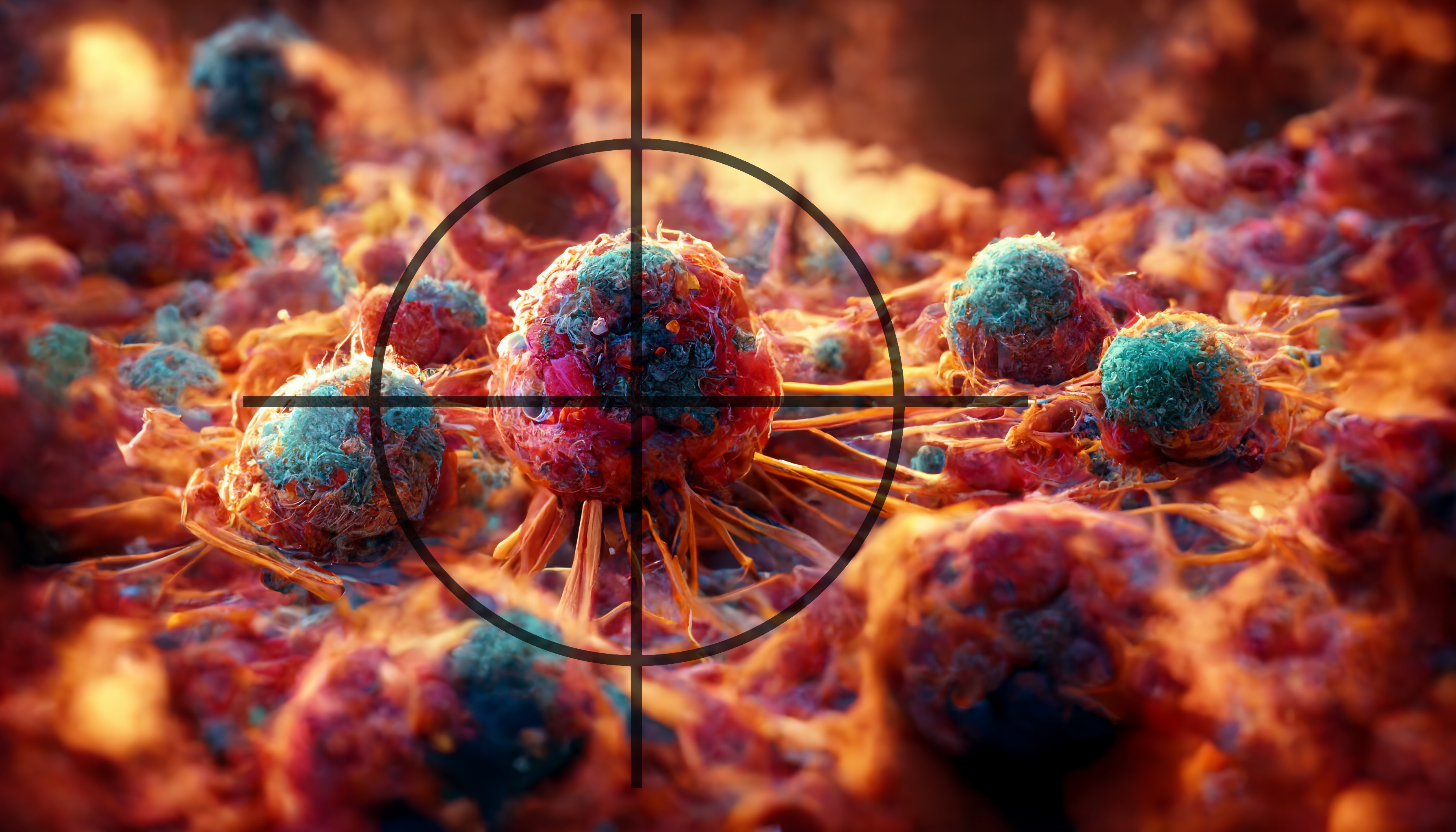 Close-up, digitally rendered view of cancer cells with a crosshair target symbol over the central cell, symbolizing targeted cancer therapy