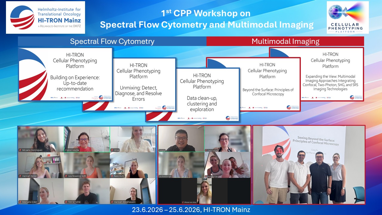 Collage from the 1st CPP Workshop on Spectral Flow Cytometry and Multimodal Imaging at HI-TRON Mainz, documenting the hybrid workshop with online participants and the on-site speakers. The workshop covered spectral flow cytometry and multimodal imaging; further details are provided in the accompanying post.