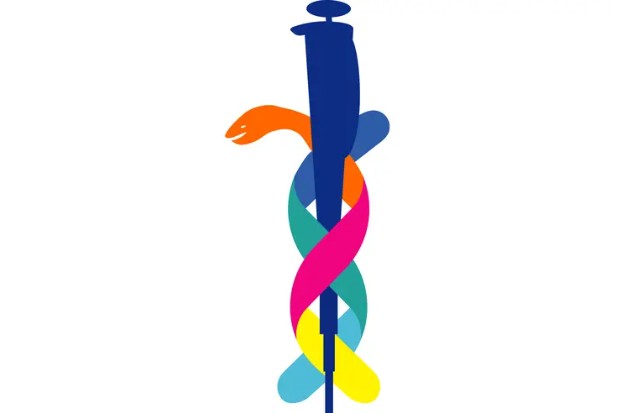 A stylized logo depicting a blue syringe entwined by a multicolored ribbon-like snake, combining medical and scientific symbolism on a light background.