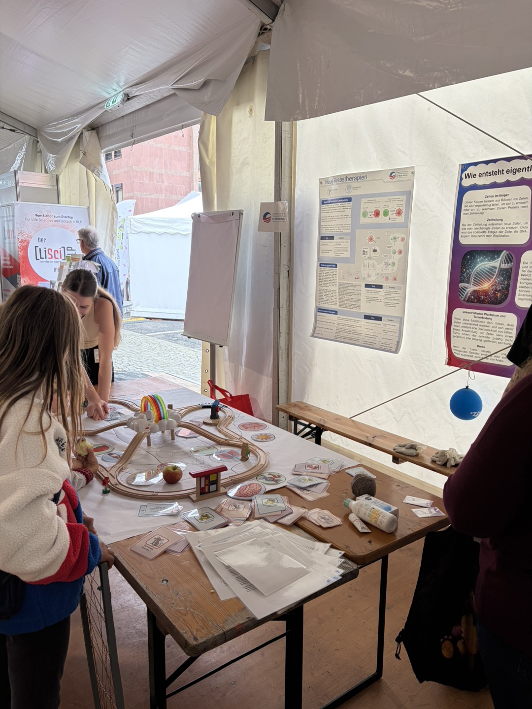 Visitors interact with an educational display featuring a wooden train track inside a tent with scientific posters.