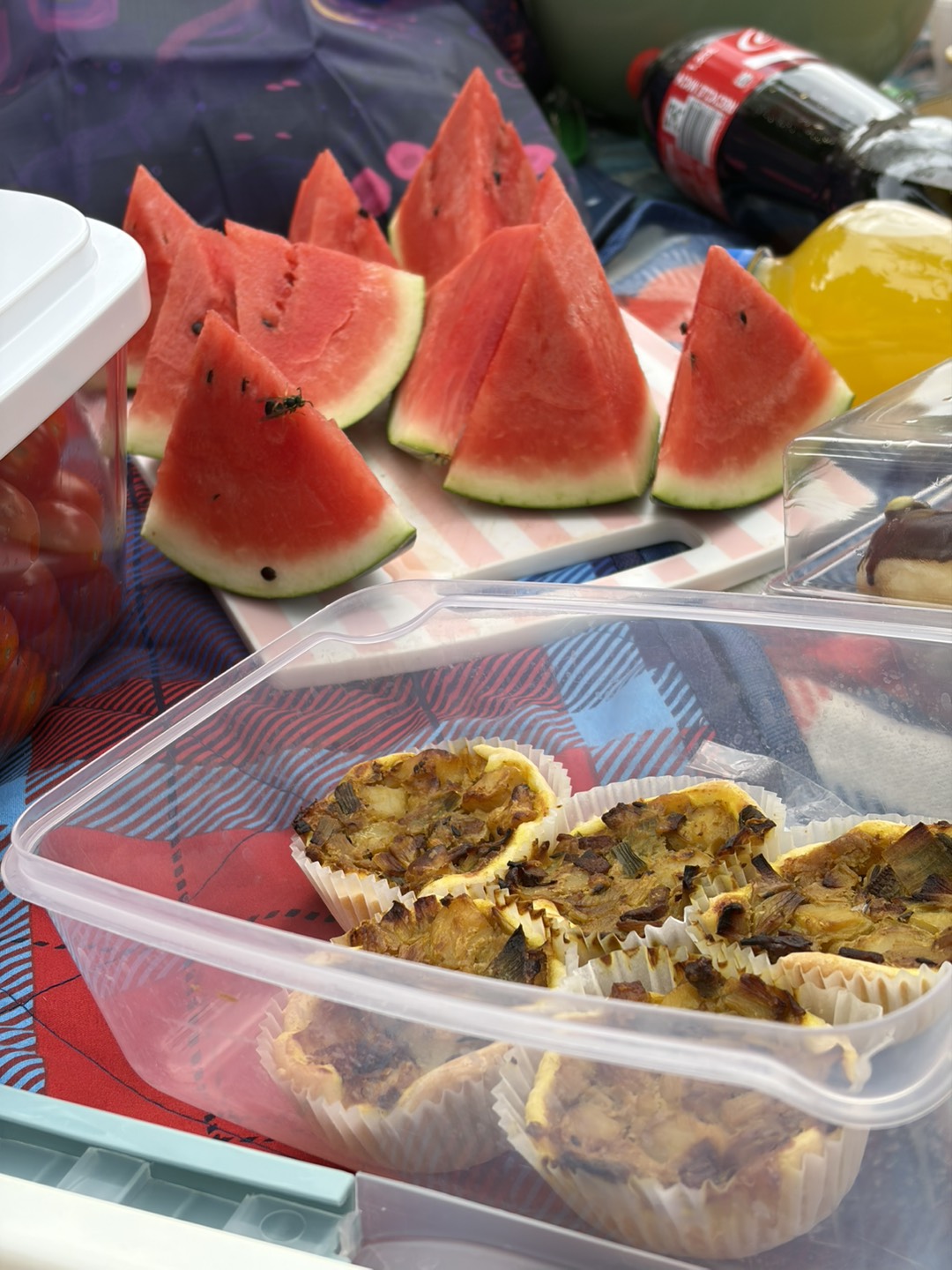 Fresh watermelon slices, homemade savory muffins, and drinks arranged on a picnic blanket.